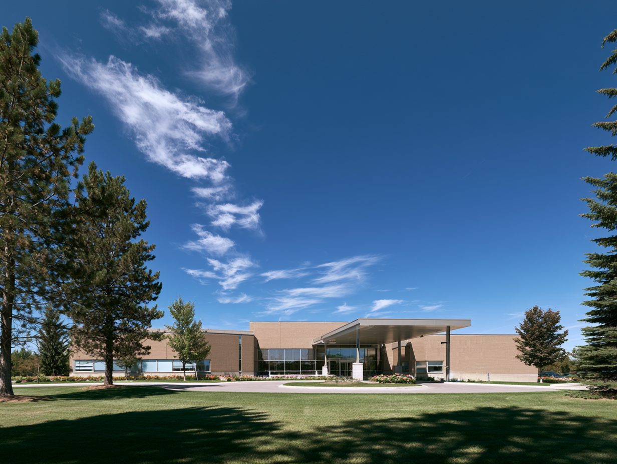 Hôpital de Mattawa Hospital building in summer sunshine