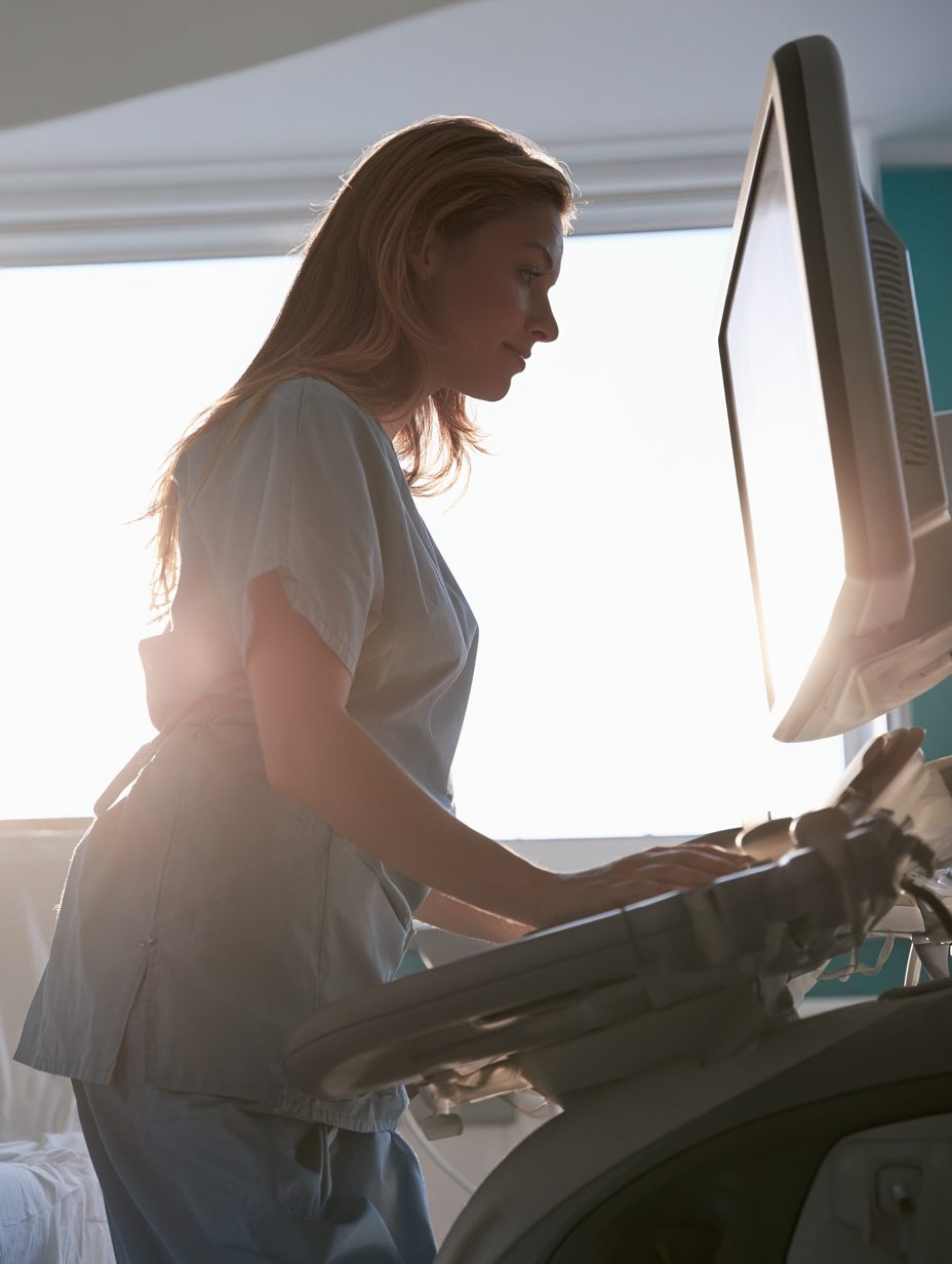 Nurse using modern diagnostic equipment in a bright hospital room